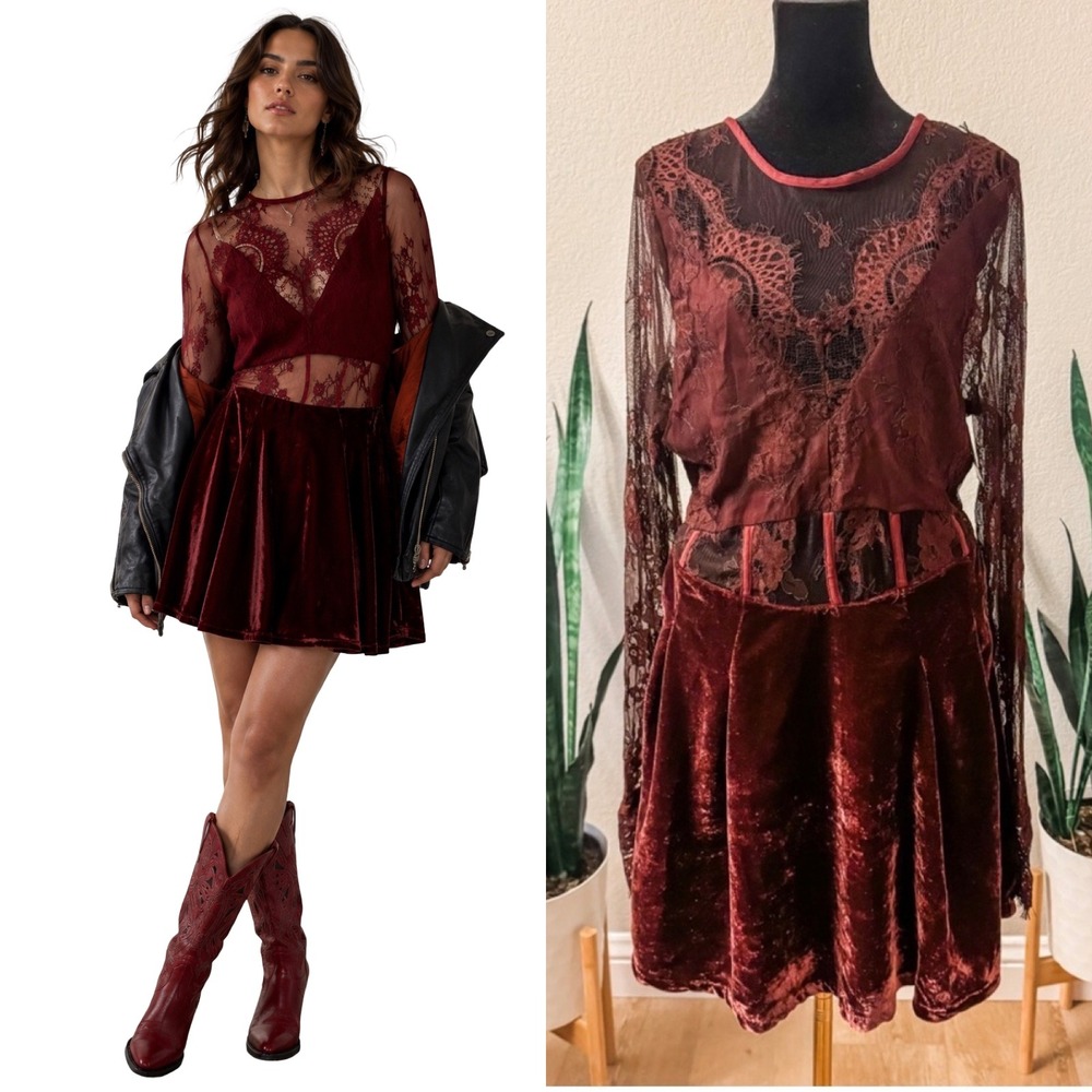 Free People Lace Corset Mini Dress Velvet Burgundy Medium Boho Gothic Festival